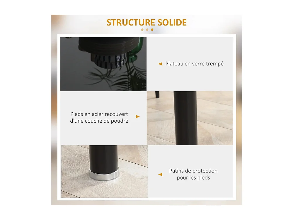 Ensemble de table à manger avec 4 chaises plateau en verre trempé, pieds en acier, pour cuisine salon noir