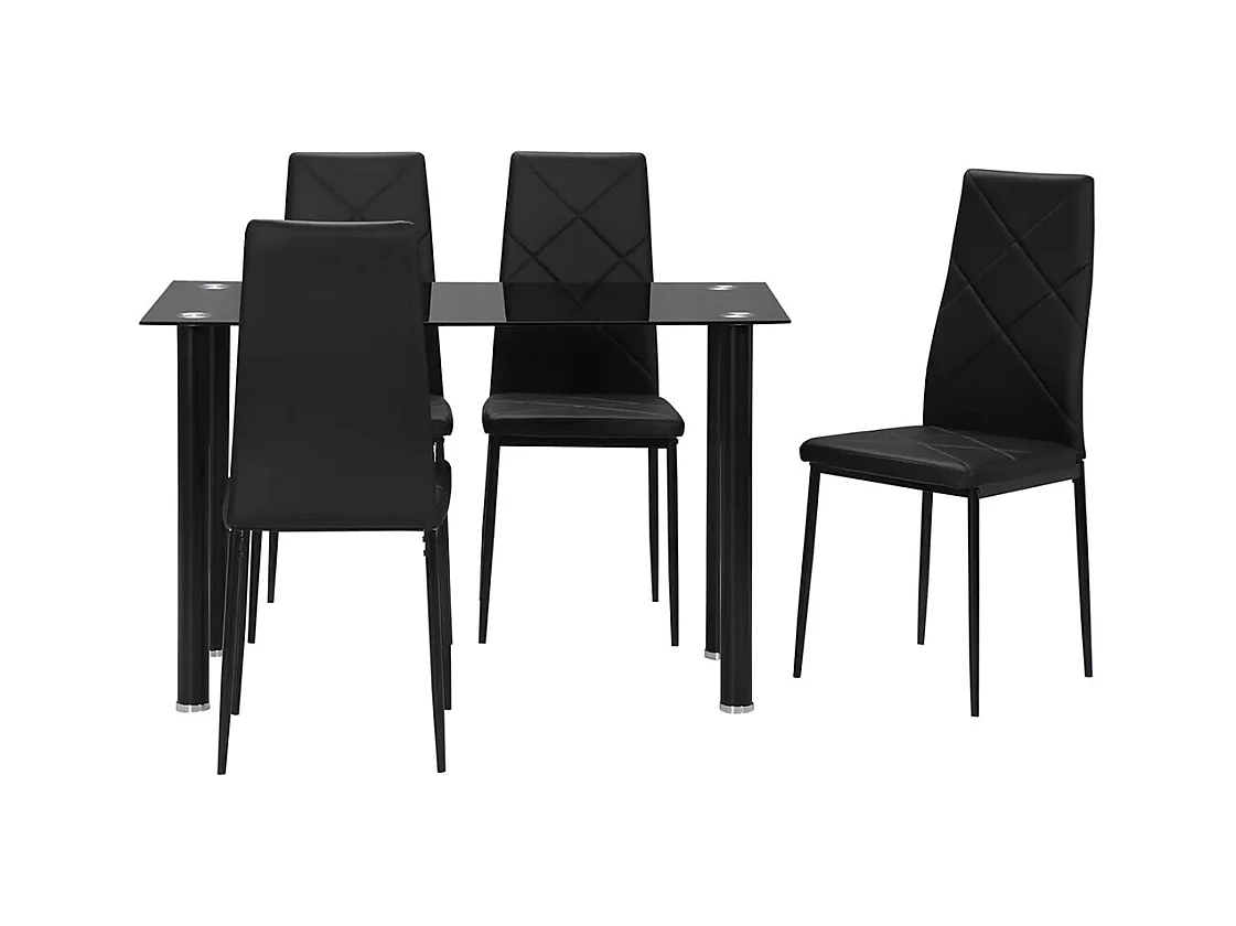 Ensemble de table à manger avec 4 chaises plateau en verre trempé, pieds en acier, pour cuisine salon noir