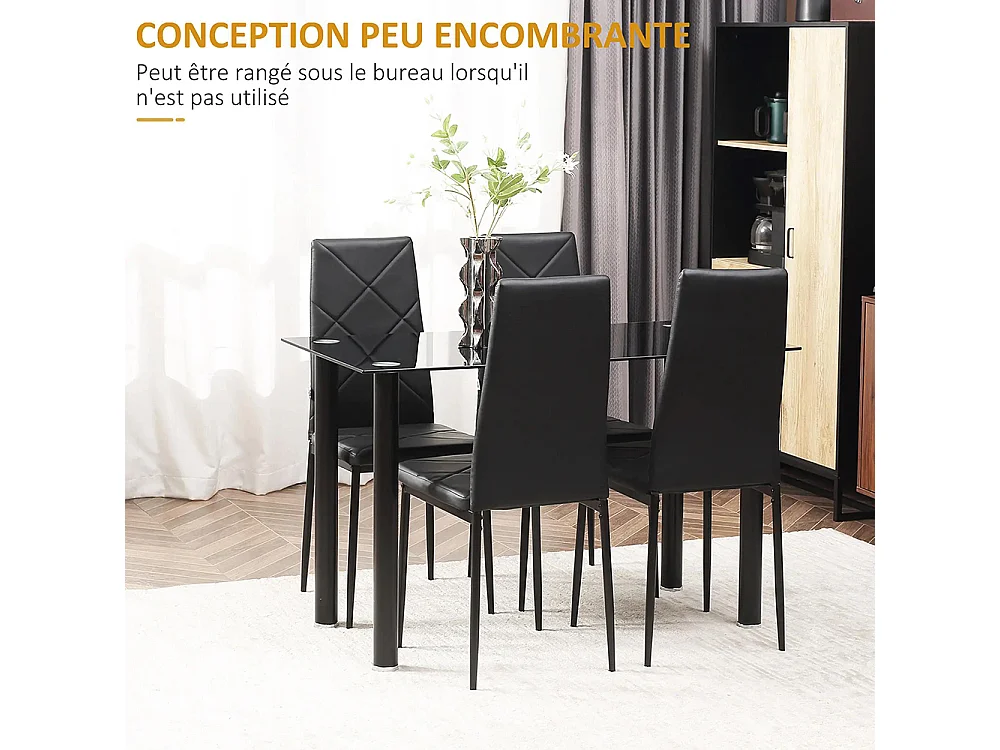 Ensemble de table à manger avec 4 chaises plateau en verre trempé, pieds en acier, pour cuisine salon noir