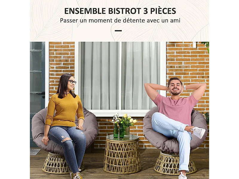 Ensemble de salon de jardin 3 pièces, comprenant 2 chaises Papasan pivotantes et 1 table basse ronde.