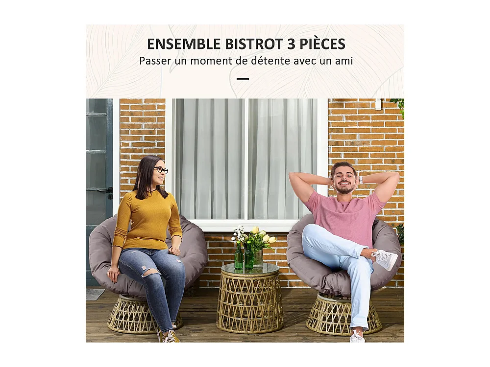 Ensemble de salon de jardin 3 pièces, comprenant 2 chaises Papasan pivotantes et 1 table basse ronde.