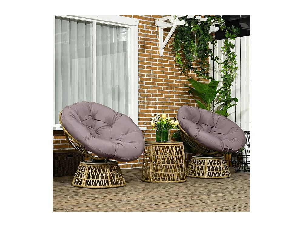 Ensemble de salon de jardin 3 pièces, comprenant 2 chaises Papasan pivotantes et 1 table basse ronde.