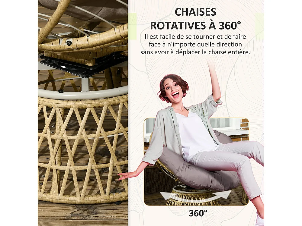 Ensemble de salon de jardin 3 pièces, comprenant 2 chaises Papasan pivotantes et 1 table basse ronde.