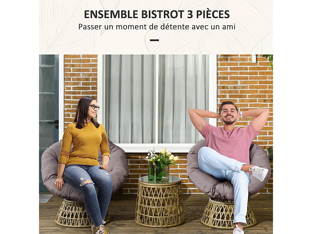 Ensemble de salon de jardin 3 pièces, comprenant 2 chaises Papasan pivotantes et 1 table basse ronde.
