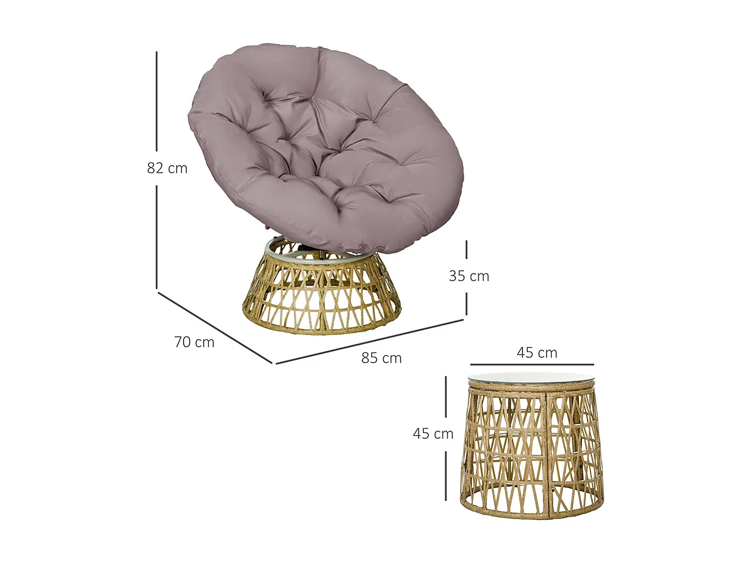 Ensemble de salon de jardin 3 pièces, comprenant 2 chaises Papasan pivotantes et 1 table basse ronde.