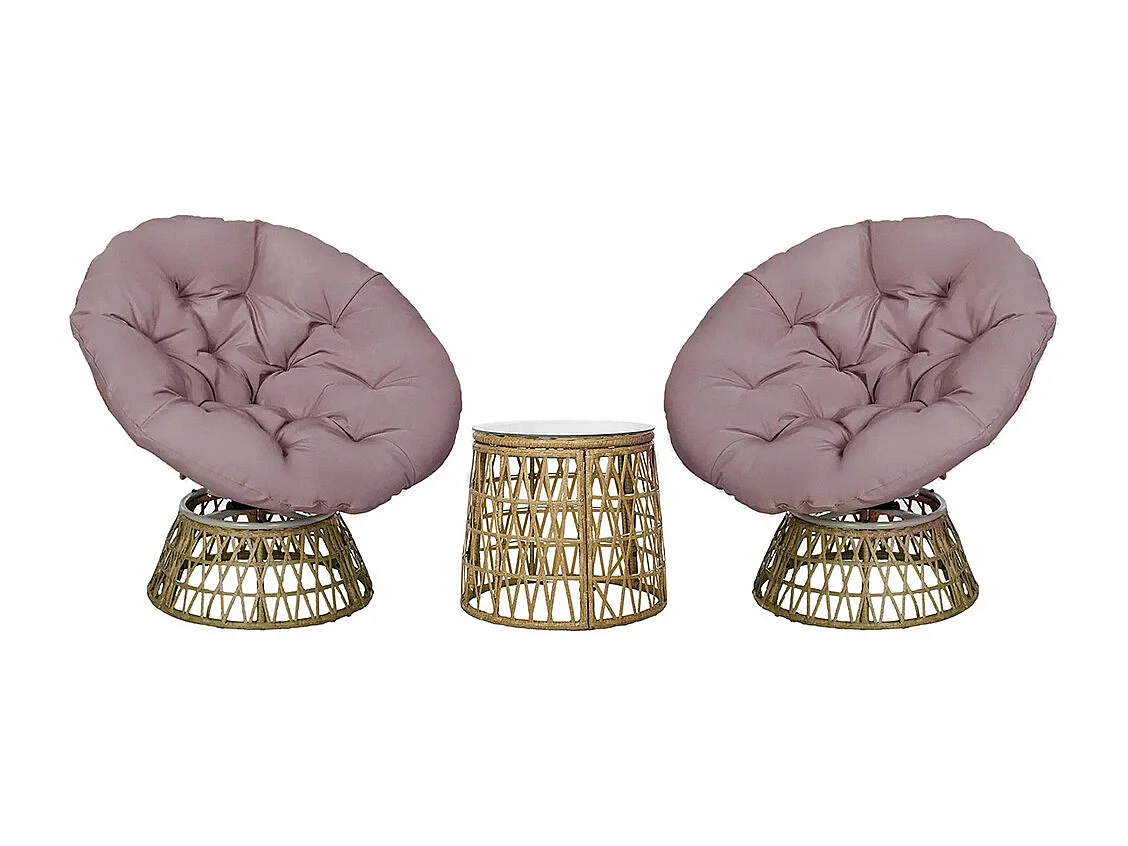 Ensemble de salon de jardin 3 pièces, comprenant 2 chaises Papasan pivotantes et 1 table basse ronde.