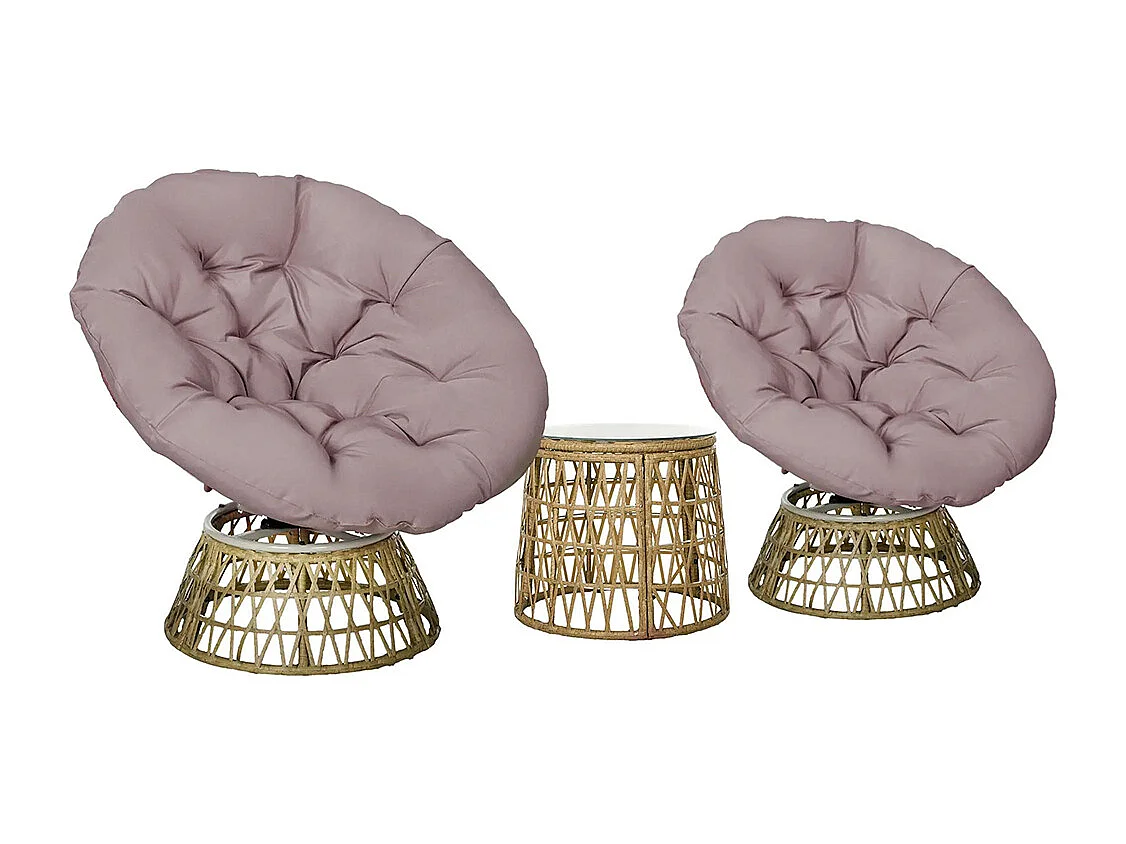 Ensemble de salon de jardin 3 pièces, comprenant 2 chaises Papasan pivotantes et 1 table basse ronde.