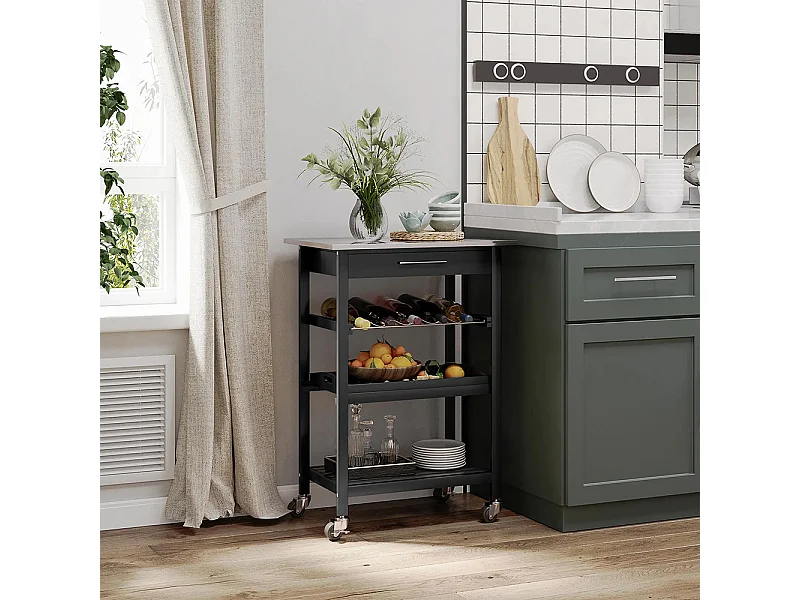 Chariot de Service desserte de Cuisine Table roulantes avec étagère rangement bouteille 60L x 40l x 85H cm Plateau en Acier INOX. Noir