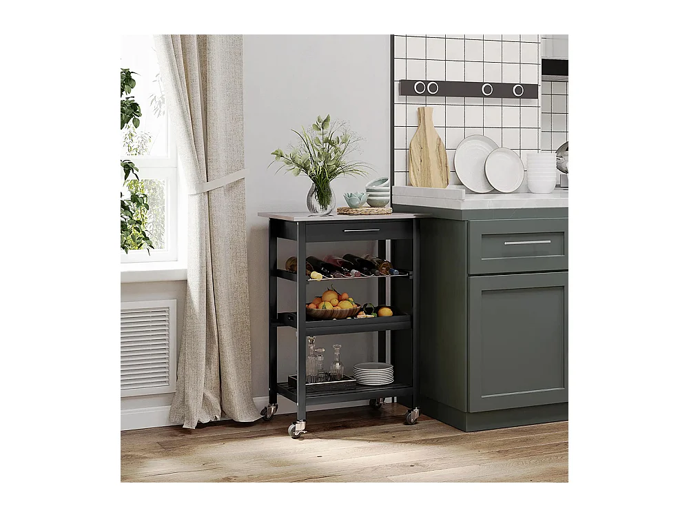 Chariot de Service desserte de Cuisine Table roulantes avec étagère rangement bouteille 60L x 40l x 85H cm Plateau en Acier INOX. Noir