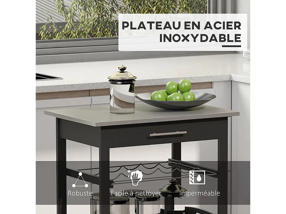 Chariot de Service desserte de Cuisine Table roulantes avec étagère rangement bouteille 60L x 40l x 85H cm Plateau en Acier INOX. Noir
