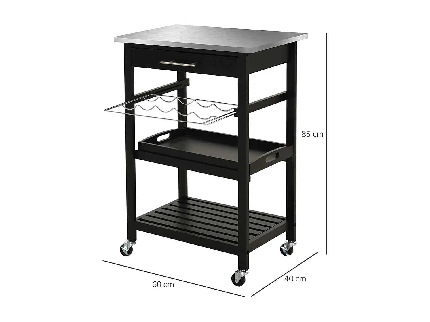 Chariot de Service desserte de Cuisine Table roulantes avec étagère rangement bouteille 60L x 40l x 85H cm Plateau en Acier INOX. Noir