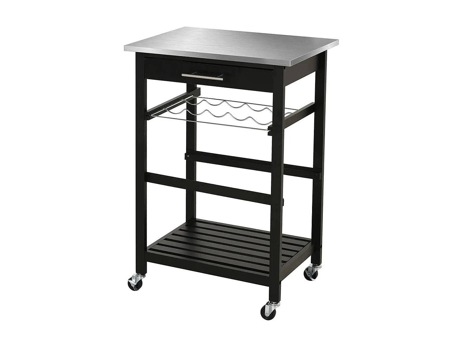 Chariot de Service desserte de Cuisine Table roulantes avec étagère rangement bouteille 60L x 40l x 85H cm Plateau en Acier INOX. Noir