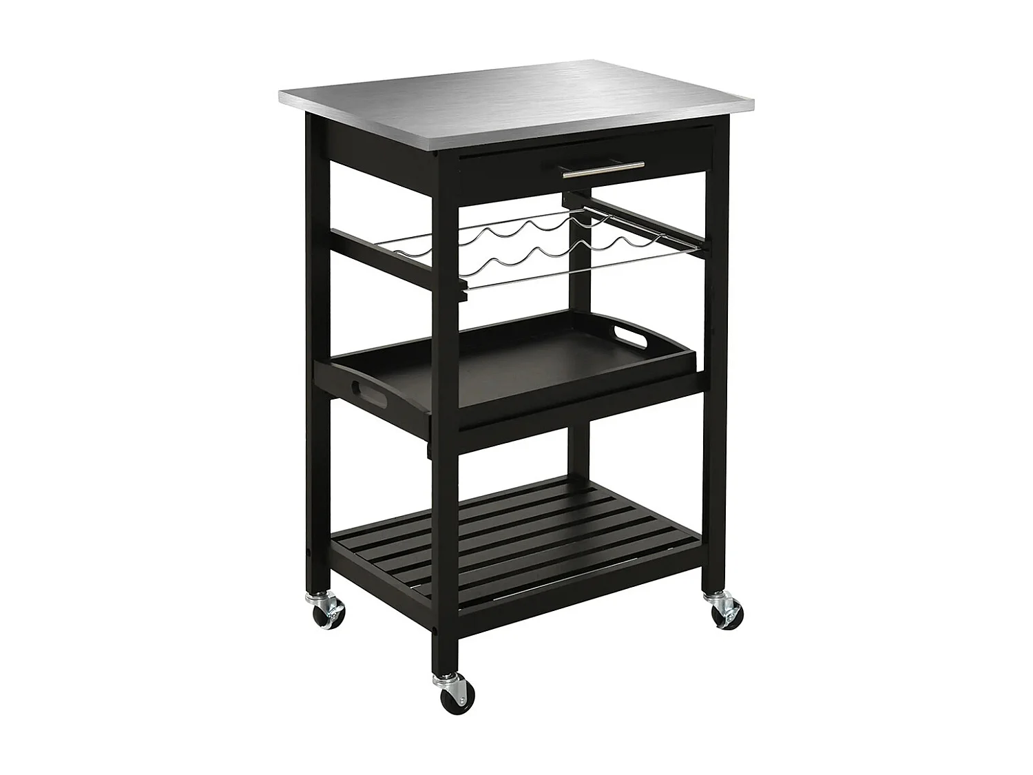 Chariot de Service desserte de Cuisine Table roulantes avec étagère rangement bouteille 60L x 40l x 85H cm Plateau en Acier INOX. Noir