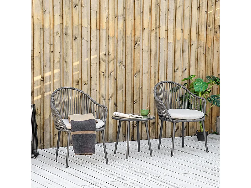 Ensemble de jardin salon de jardin en résine tressée cadre en acier 2 fauteuils + 1 table basse coussins inclus gris