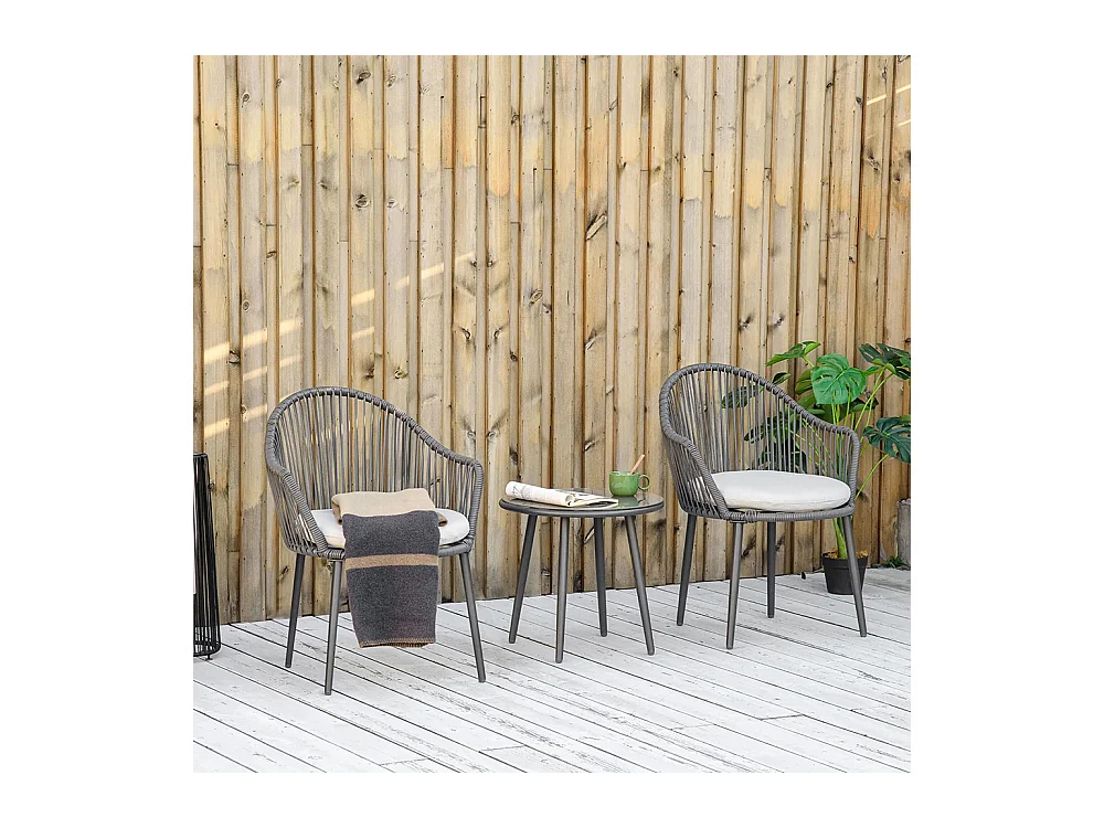 Ensemble de jardin salon de jardin en résine tressée cadre en acier 2 fauteuils + 1 table basse coussins inclus gris