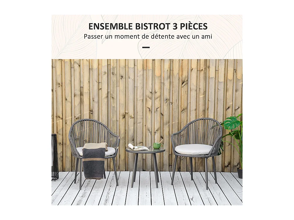 Ensemble de jardin salon de jardin en résine tressée cadre en acier 2 fauteuils + 1 table basse coussins inclus gris
