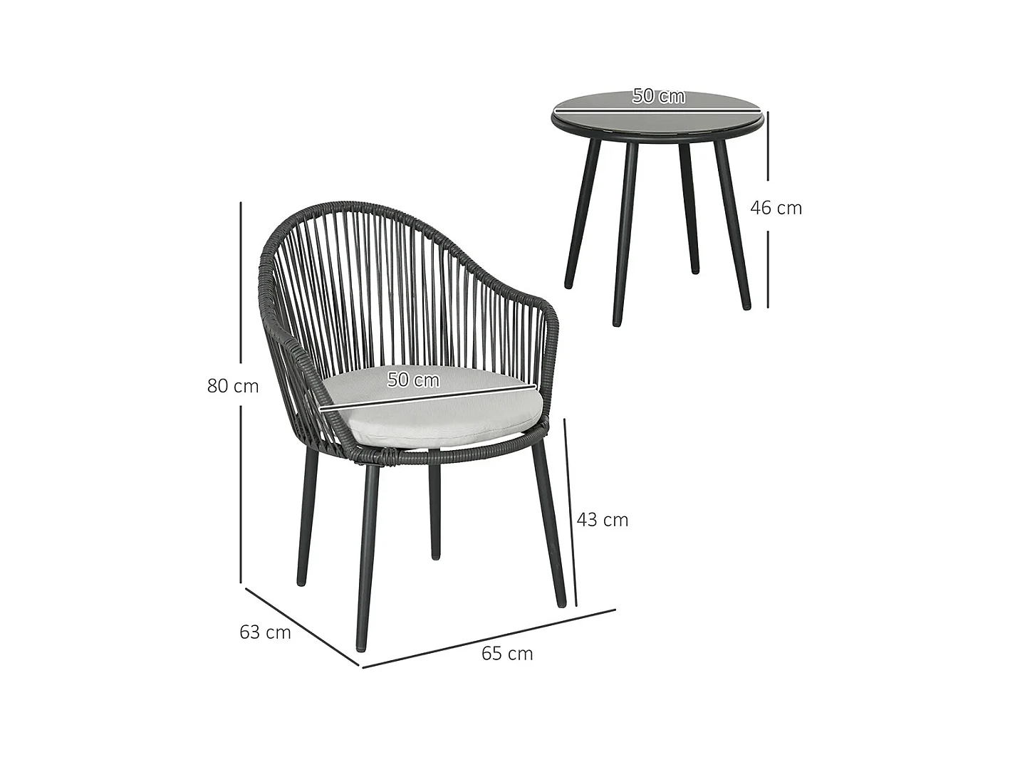 Ensemble de jardin salon de jardin en résine tressée cadre en acier 2 fauteuils + 1 table basse coussins inclus gris