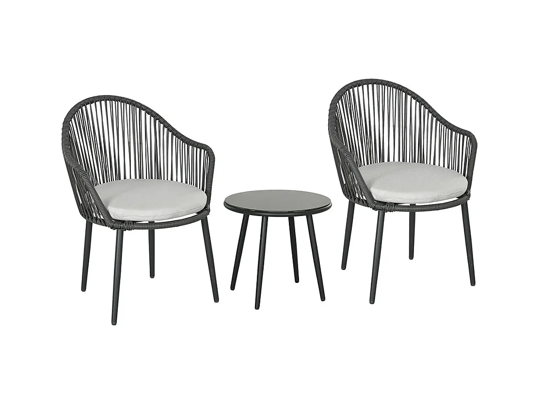 Ensemble de jardin salon de jardin en résine tressée cadre en acier 2 fauteuils + 1 table basse coussins inclus gris
