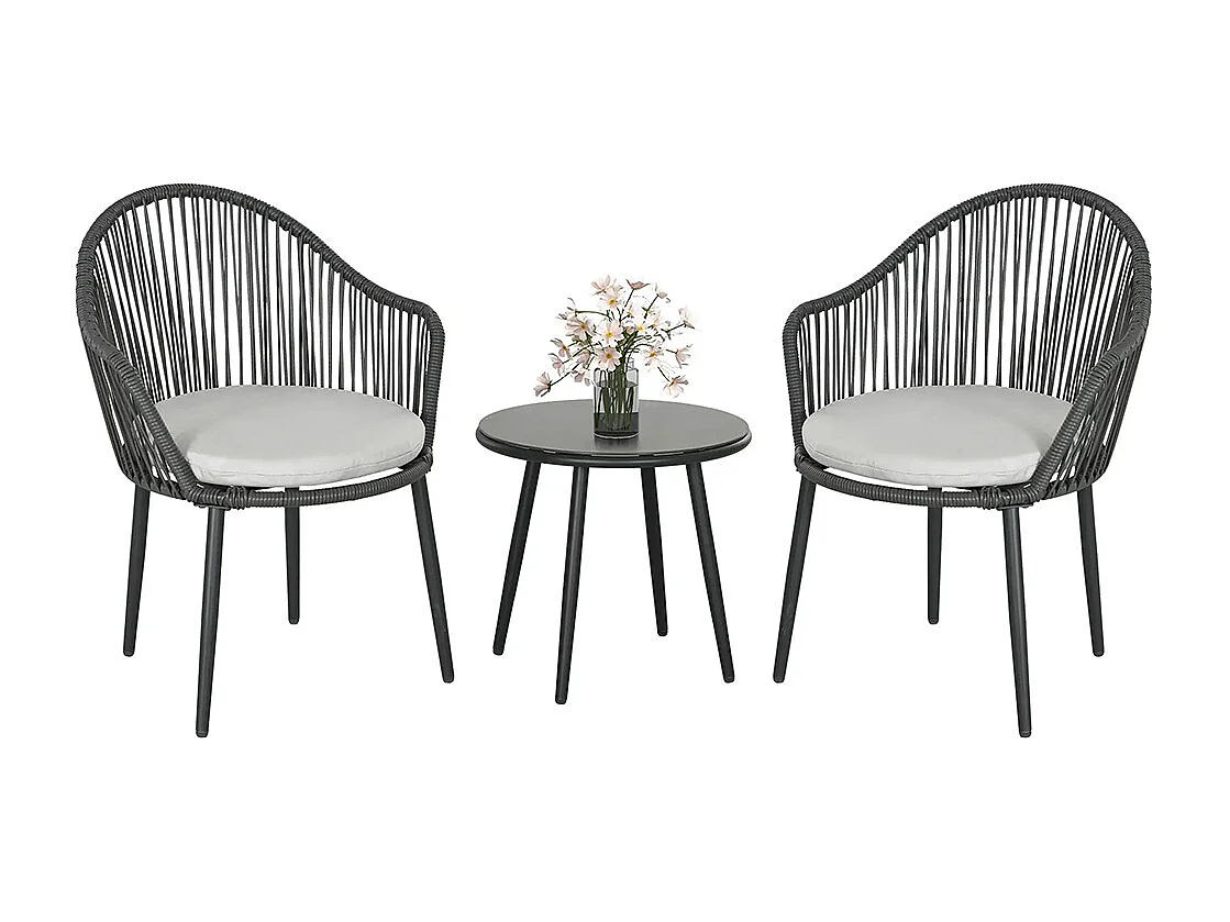 Ensemble de jardin salon de jardin en résine tressée cadre en acier 2 fauteuils + 1 table basse coussins inclus gris