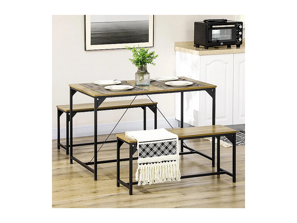Ensemble table à manger et 2 bancs cadre en acier 4 personnes pour cuisine salle à manger salon naturel et noir