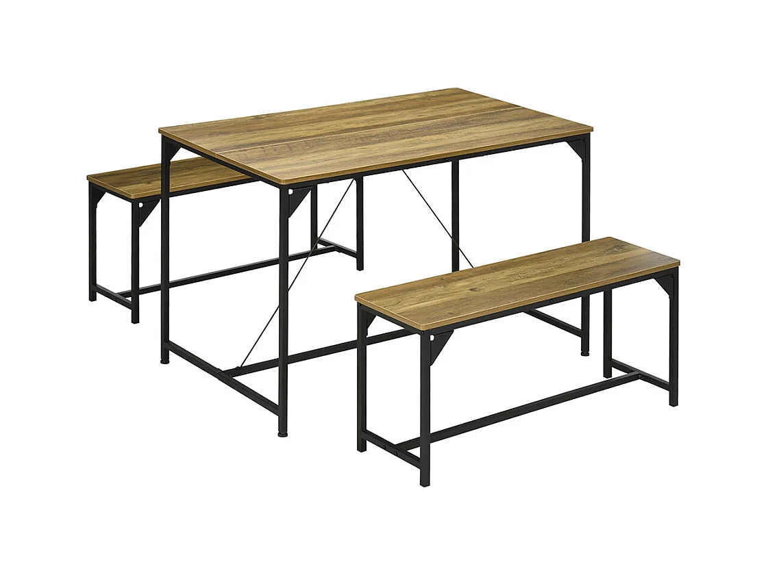 Ensemble table à manger et 2 bancs cadre en acier 4 personnes pour cuisine salle à manger salon naturel et noir