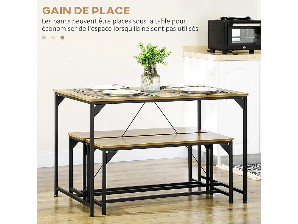 Ensemble table à manger et 2 bancs cadre en acier 4 personnes pour cuisine salle à manger salon naturel et noir