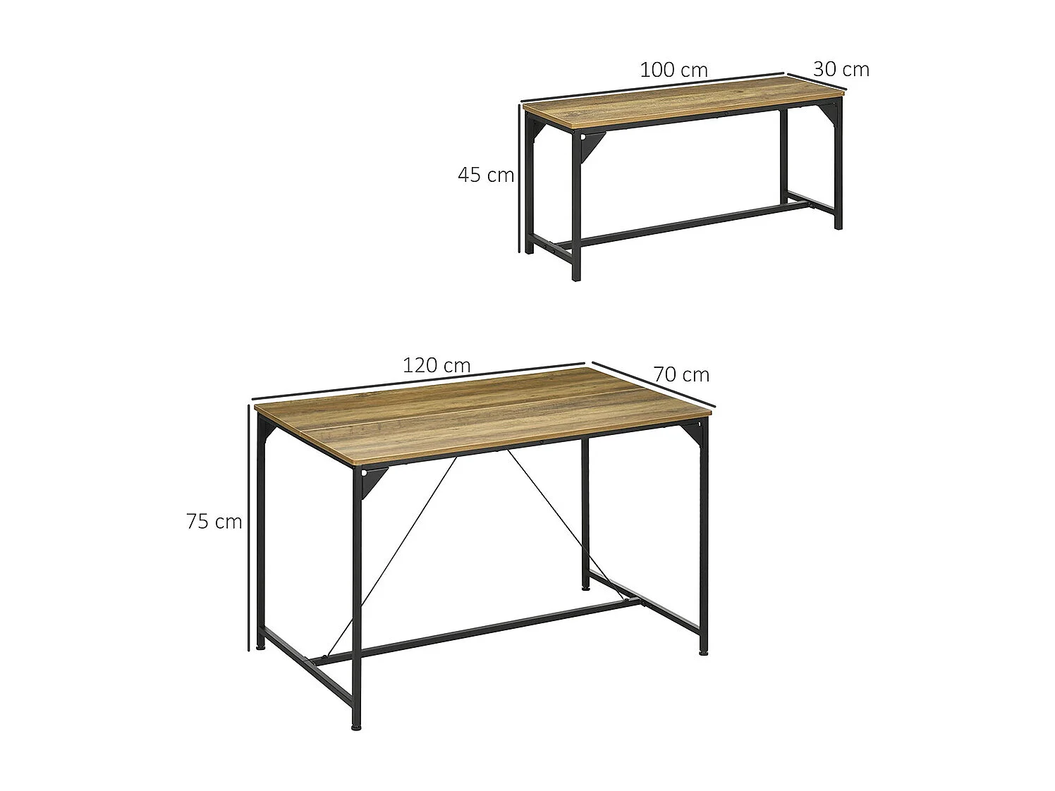 Ensemble table à manger et 2 bancs cadre en acier 4 personnes pour cuisine salle à manger salon naturel et noir