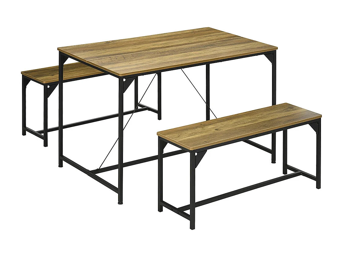 Ensemble table à manger et 2 bancs cadre en acier 4 personnes pour cuisine salle à manger salon naturel et noir