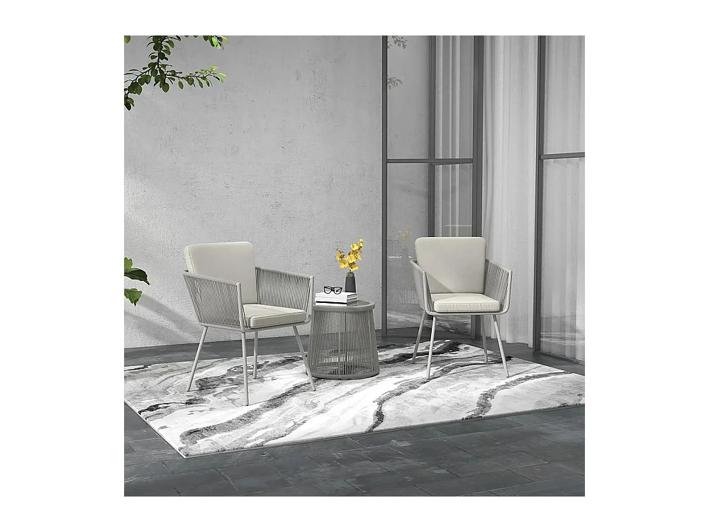 Ensemble salon de jardin 3 pièces style colonial 2 fauteuils avec coussins gris table basse résine filaire acier époxy