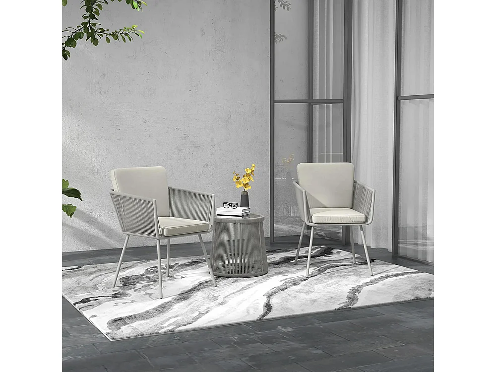 Ensemble salon de jardin 3 pièces style colonial 2 fauteuils avec coussins gris table basse résine filaire acier époxy