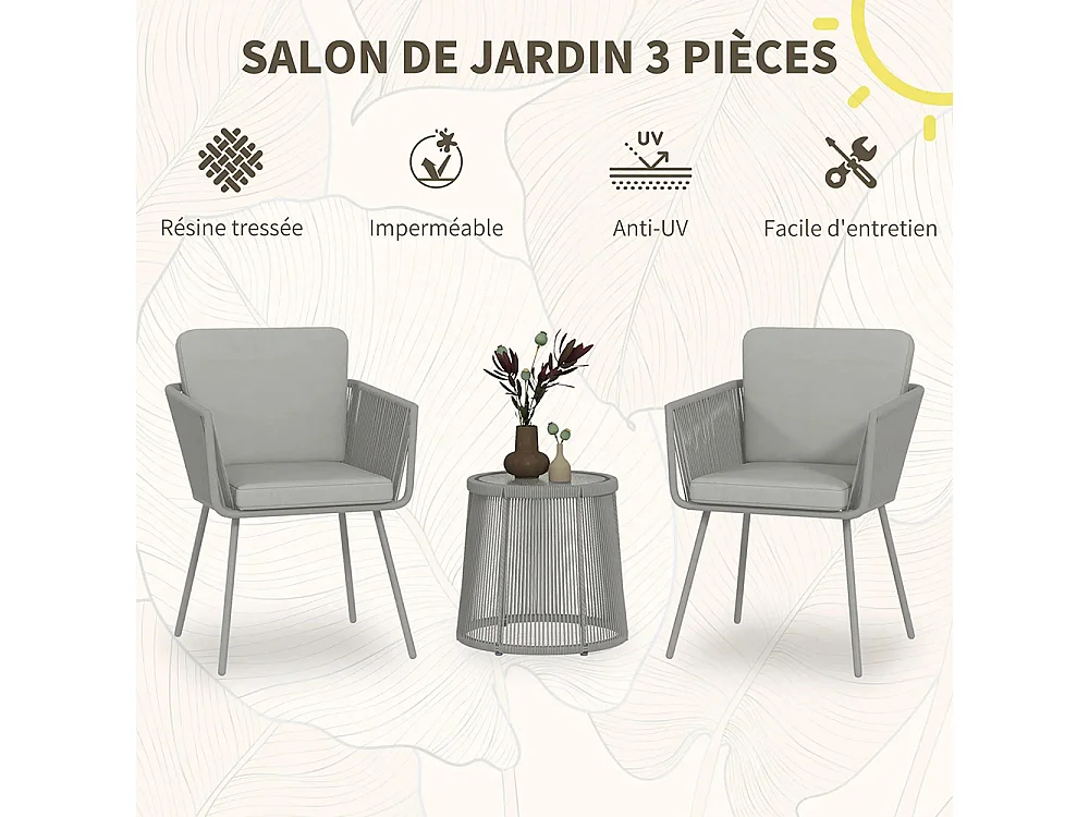 Ensemble salon de jardin 3 pièces style colonial 2 fauteuils avec coussins gris table basse résine filaire acier époxy