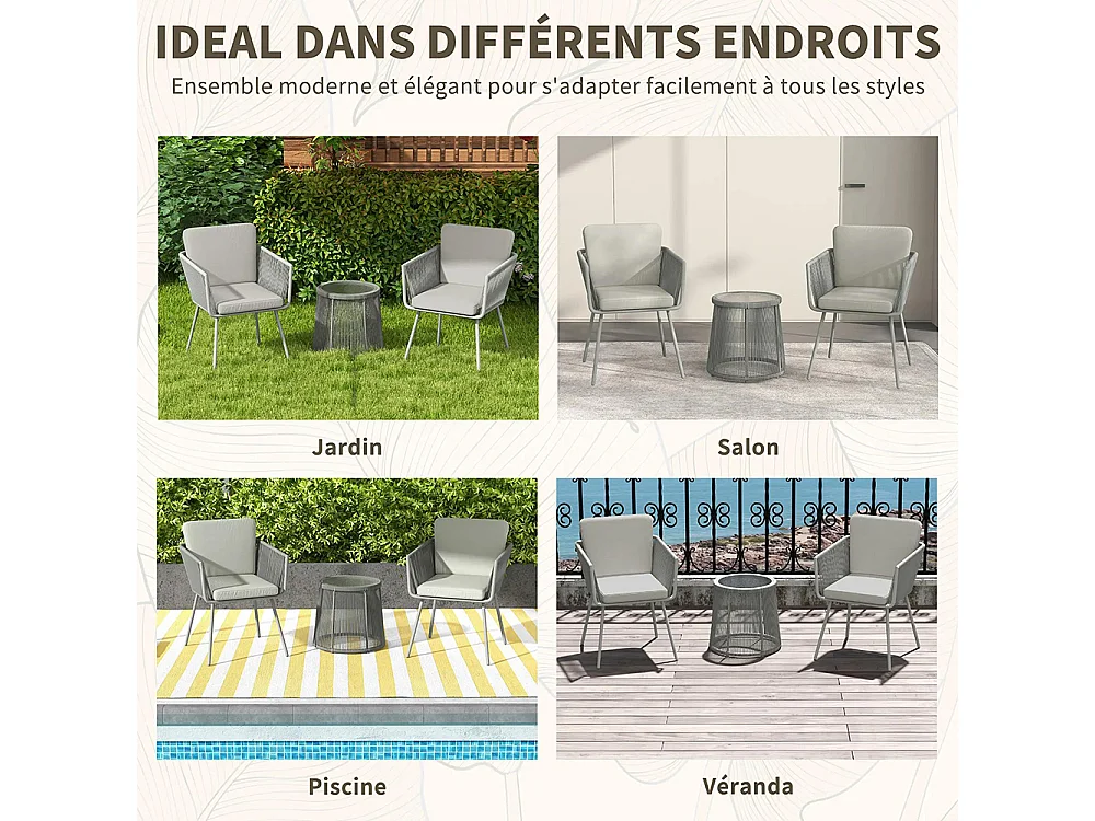 Ensemble salon de jardin 3 pièces style colonial 2 fauteuils avec coussins gris table basse résine filaire acier époxy