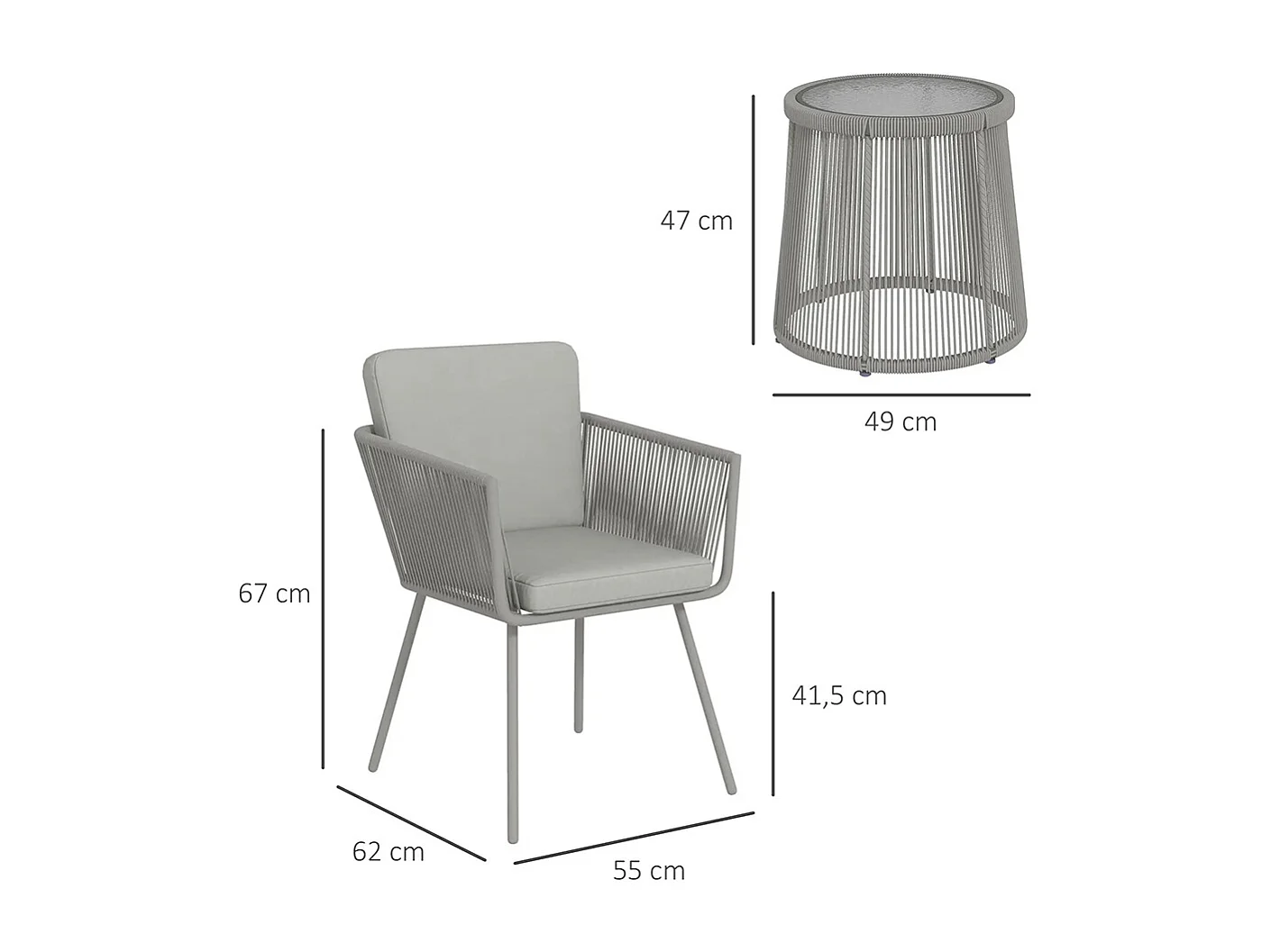 Ensemble salon de jardin 3 pièces style colonial 2 fauteuils avec coussins gris table basse résine filaire acier époxy