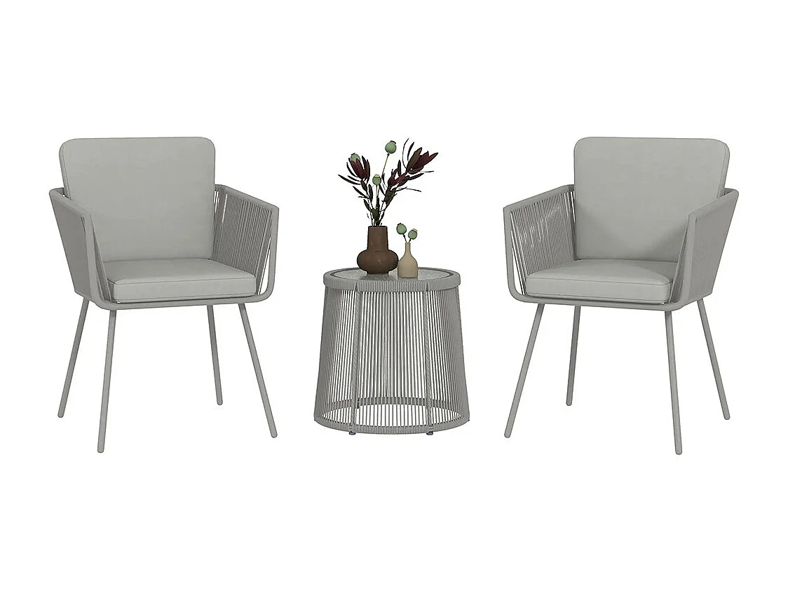 Ensemble salon de jardin 3 pièces style colonial 2 fauteuils avec coussins gris table basse résine filaire acier époxy