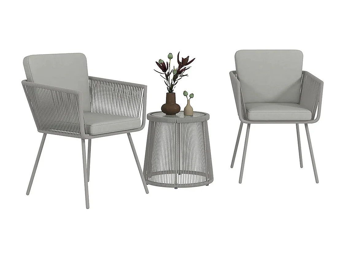 Ensemble salon de jardin 3 pièces style colonial 2 fauteuils avec coussins gris table basse résine filaire acier époxy