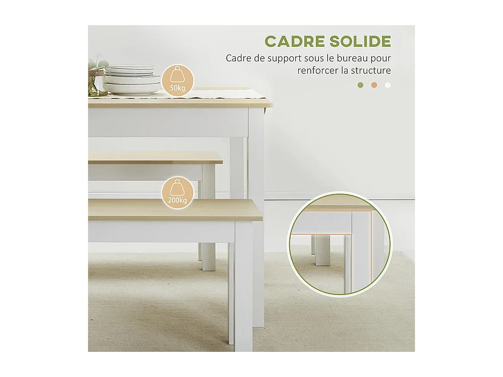 Ensemble table à manger 3 pièces avec 2 bancs encastrables pour 4-6 personnes style contemporain panneaux de particules