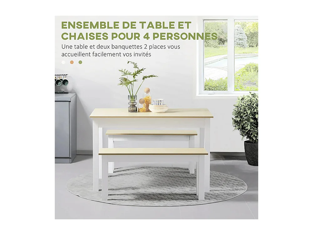 Ensemble table à manger 3 pièces avec 2 bancs encastrables pour 4-6 personnes style contemporain panneaux de particules
