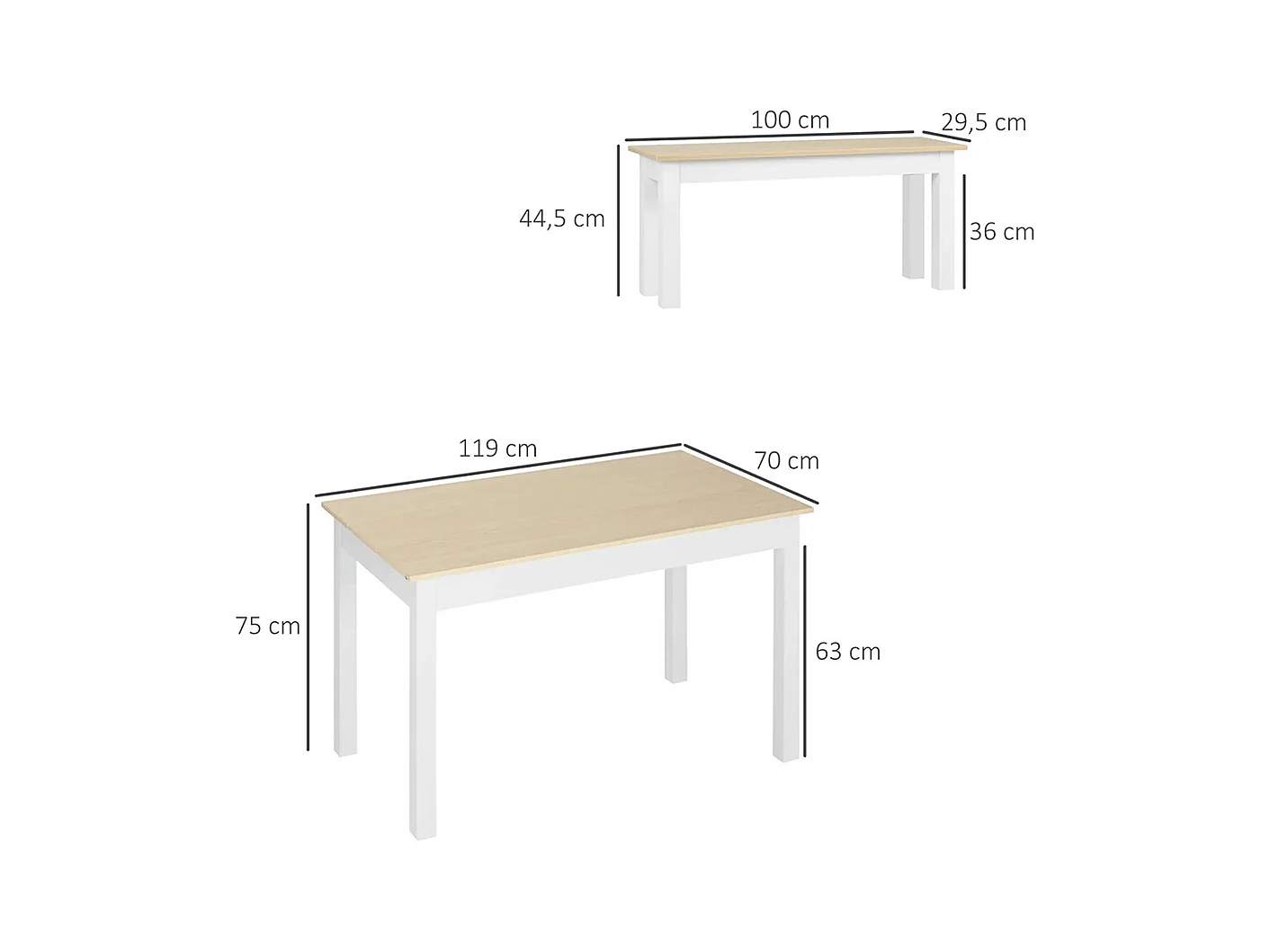 Ensemble table à manger 3 pièces avec 2 bancs encastrables pour 4-6 personnes style contemporain panneaux de particules