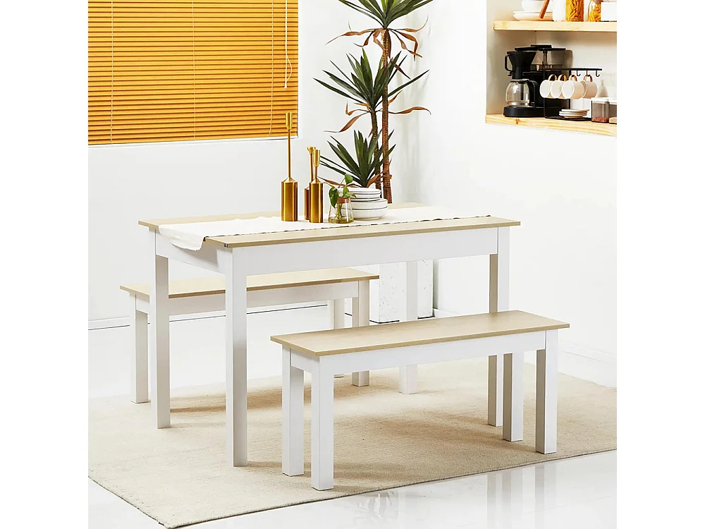 Ensemble table à manger 3 pièces avec 2 bancs encastrables pour 4-6 personnes style contemporain panneaux de particules