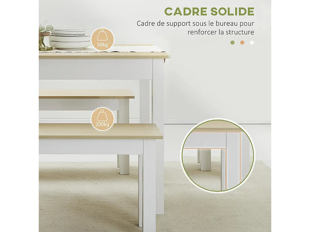 Ensemble table à manger 3 pièces avec 2 bancs encastrables pour 4-6 personnes style contemporain panneaux de particules