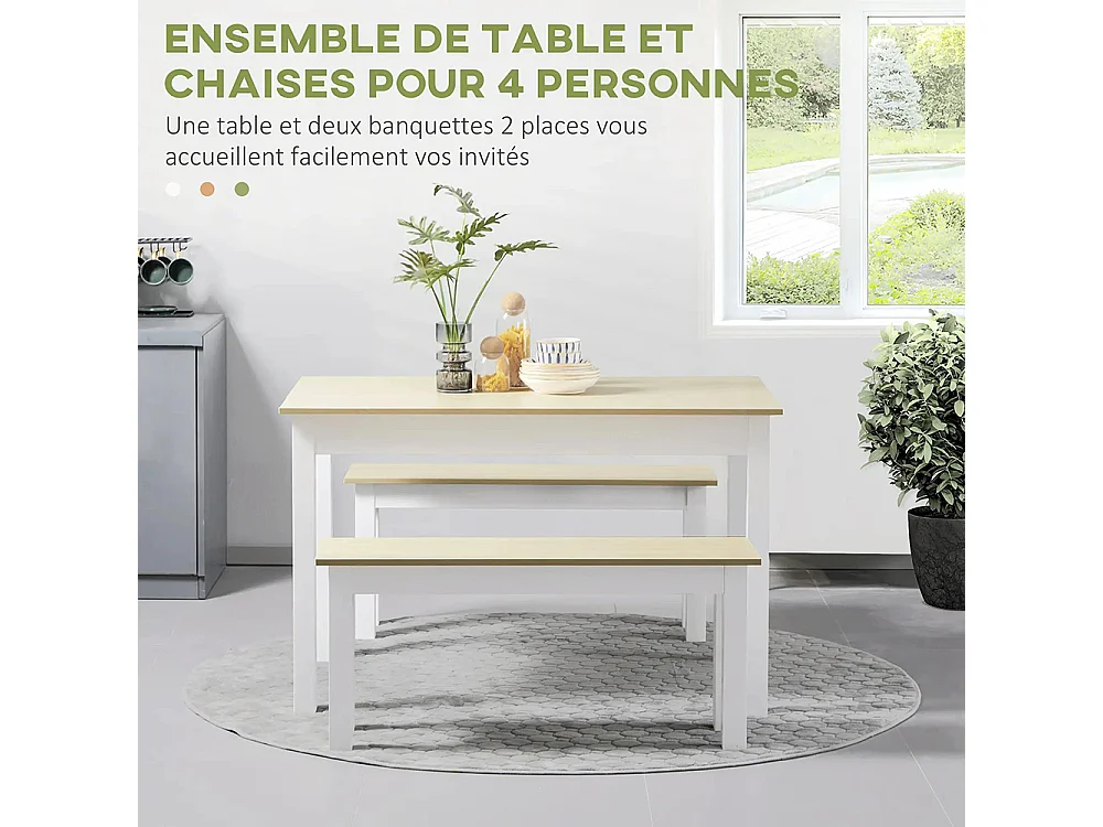 Ensemble table à manger 3 pièces avec 2 bancs encastrables pour 4-6 personnes style contemporain panneaux de particules