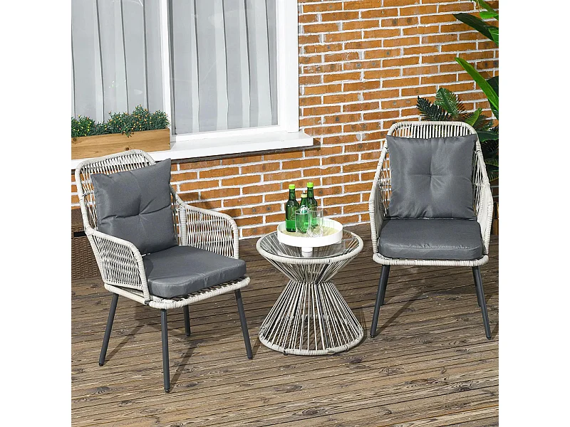 Salon de jardin en résine tressée 3 pièces cadre en acier 2 fauteuils + 1 table basse ronde coussins inclus