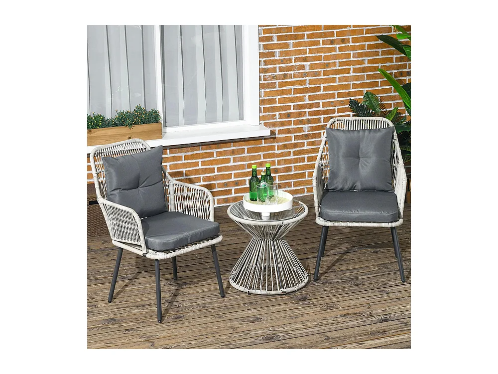 Salon de jardin en résine tressée 3 pièces cadre en acier 2 fauteuils + 1 table basse ronde coussins inclus