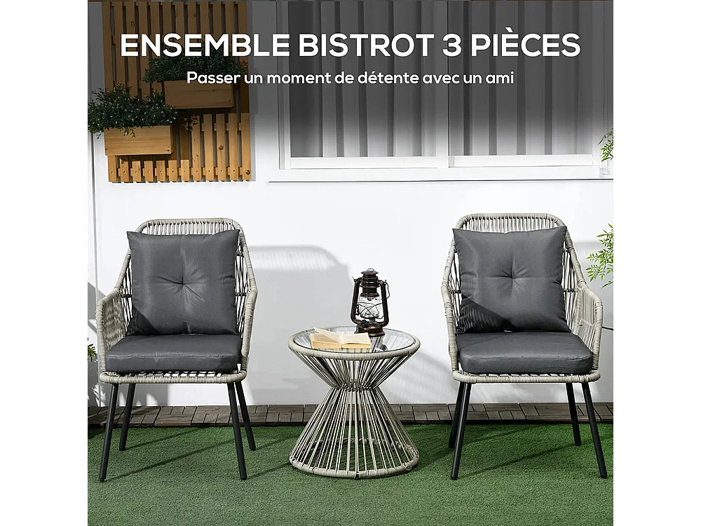 Salon de jardin en résine tressée 3 pièces cadre en acier 2 fauteuils + 1 table basse ronde coussins inclus