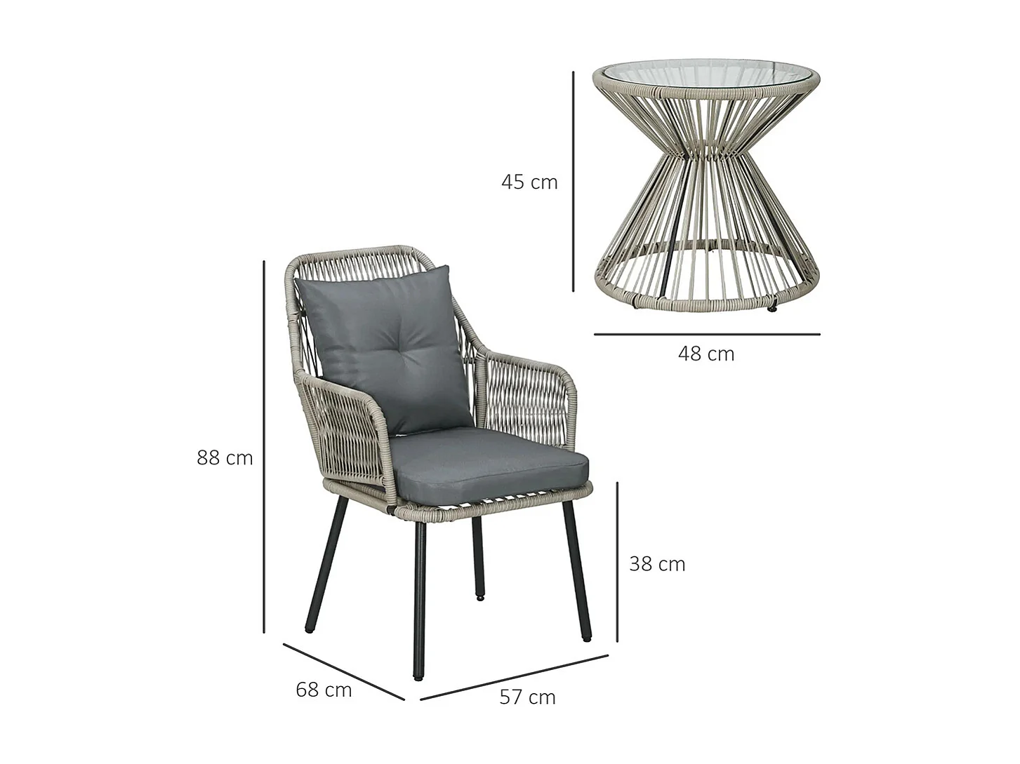 Salon de jardin en résine tressée 3 pièces cadre en acier 2 fauteuils + 1 table basse ronde coussins inclus