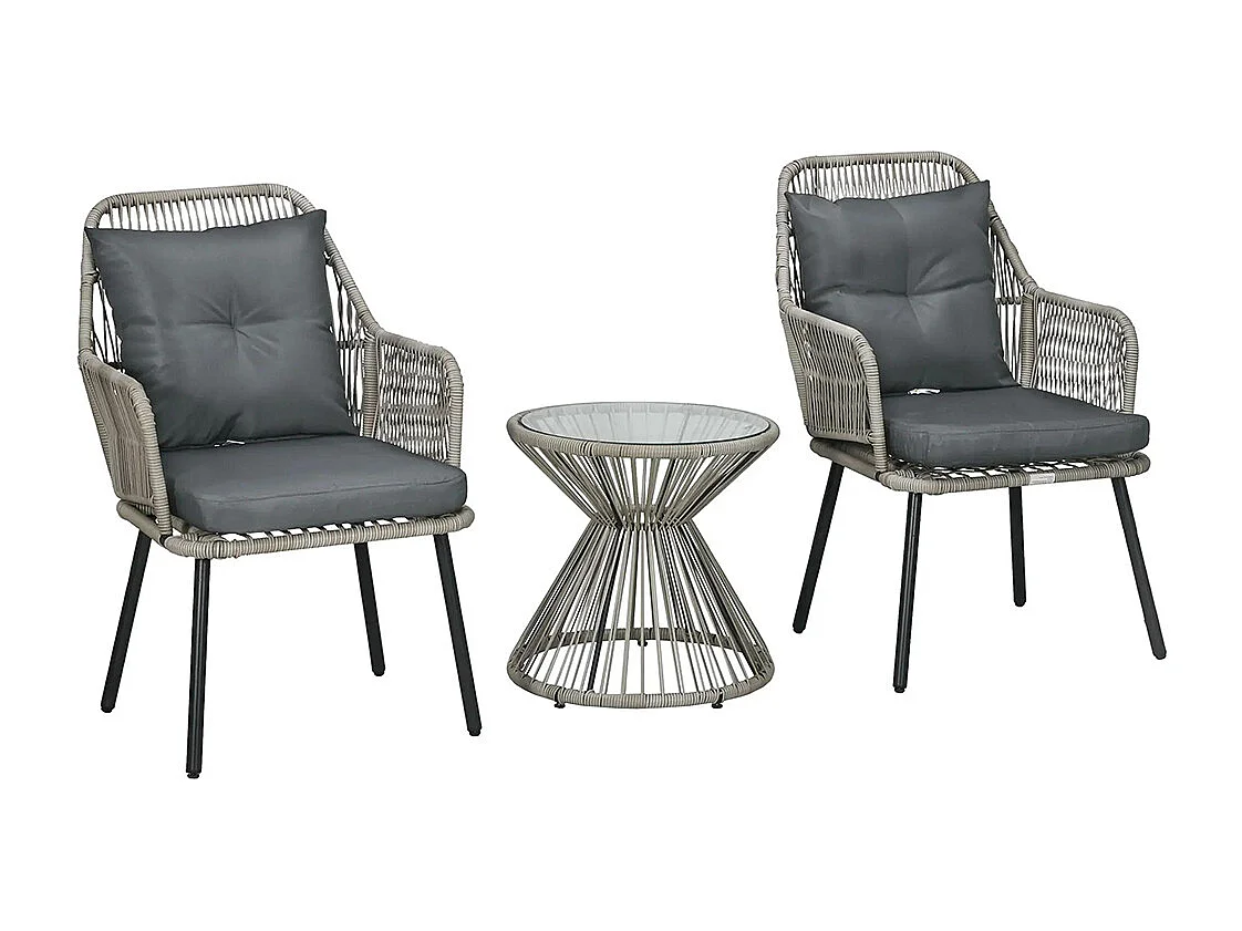 Salon de jardin en résine tressée 3 pièces cadre en acier 2 fauteuils + 1 table basse ronde coussins inclus