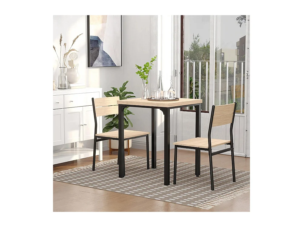 Ensemble de table et chaises pour deux personnes, comprenant une table 3 pièces et deux chaises encastrables, en chêne clair