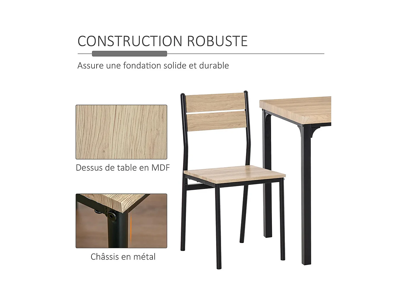 Ensemble de table et chaises pour deux personnes, comprenant une table 3 pièces et deux chaises encastrables, en chêne clair