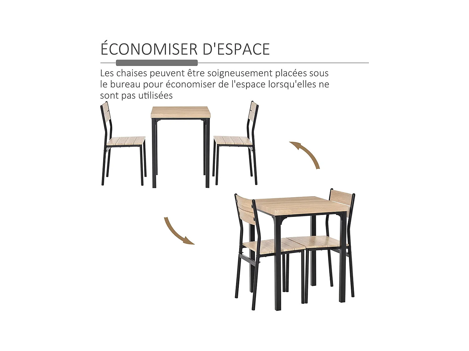 Ensemble de table et chaises pour deux personnes, comprenant une table 3 pièces et deux chaises encastrables, en chêne clair