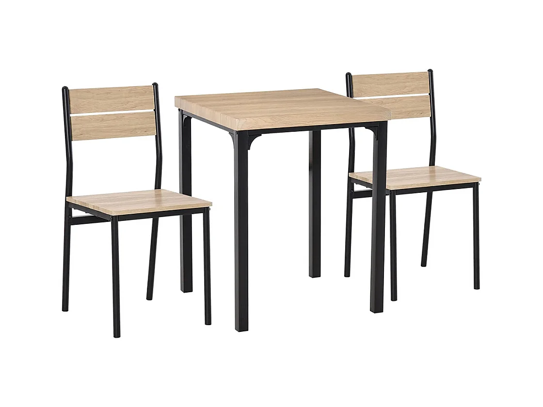 Ensemble de table et chaises pour deux personnes, comprenant une table 3 pièces et deux chaises encastrables, en chêne clair